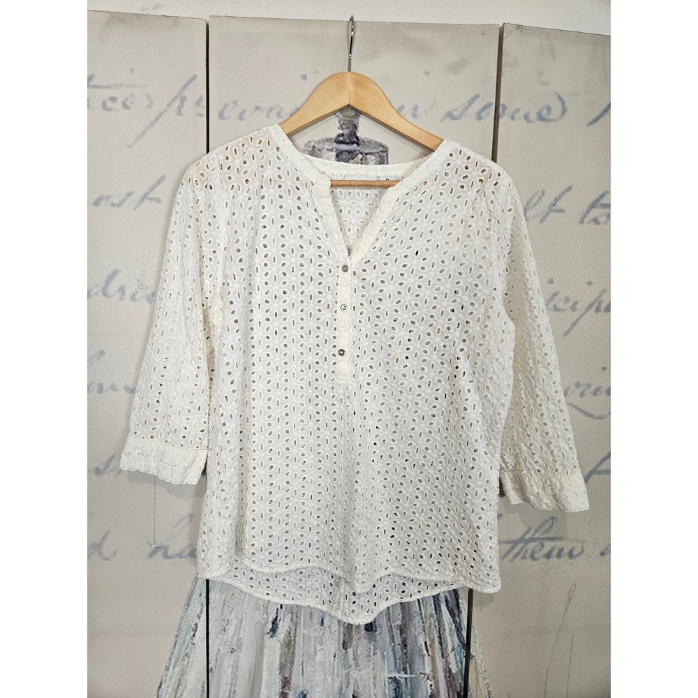 Liz Claiborne Eyelet Blouse XL White Cotton 3/4 Sleeve Boho Coastal Split Neck